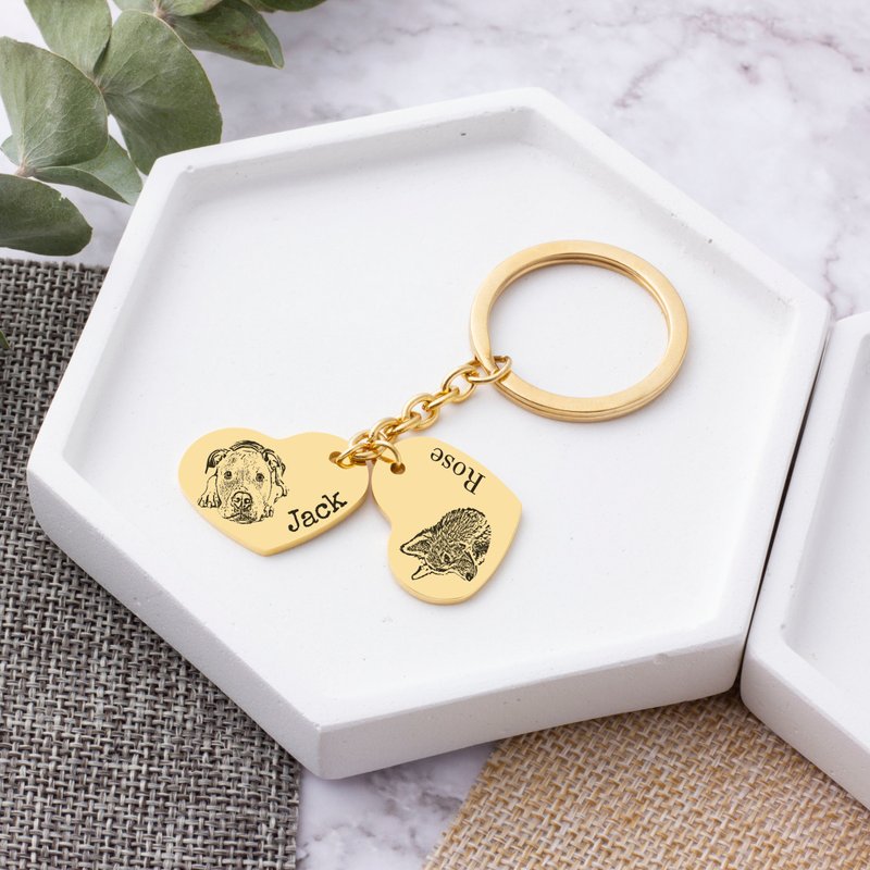 Custom Pet Portrait Keychain Pet Memorial Gift for Her Personalize Gold Charm Pe - Keychains - Other Metals Gold