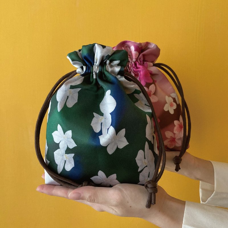 【訂製】大錦囊_亮面緞布款/印花/花布/束口袋/手作 - 束口袋/束口背包/水桶包 - 聚酯纖維 綠色