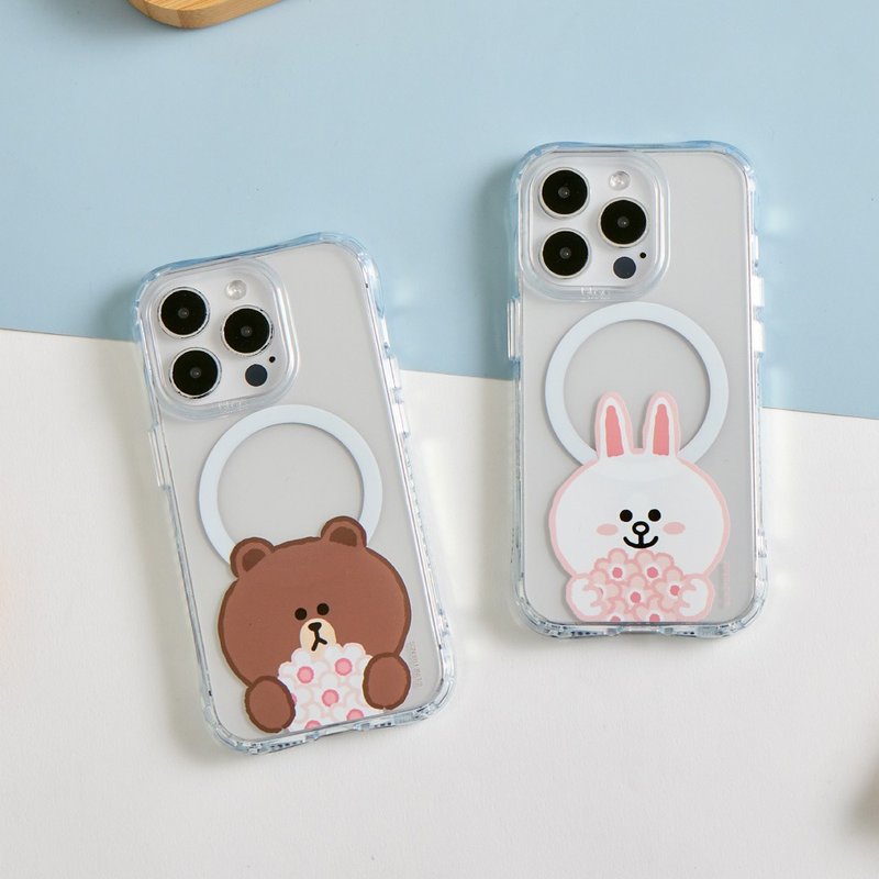 LINE FRIENDS經典-手捧花抗黃防摔MagSafe iPhone手機殼 - 手機殼/手機套 - 塑膠 透明
