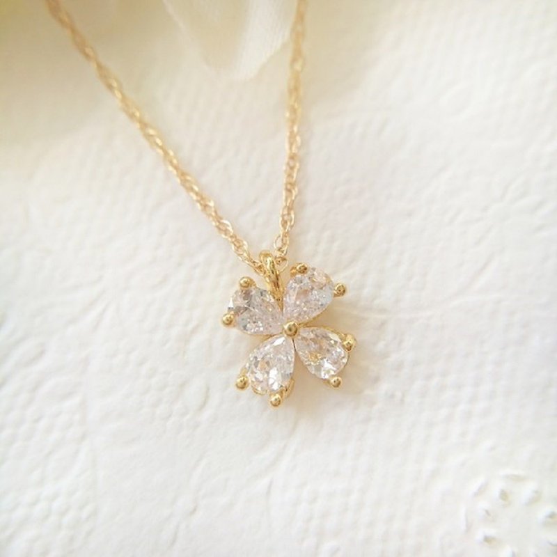 14kgf, Zirconia Clover & Herkimer Diamond Necklace - สร้อยคอ - คริสตัล สีทอง