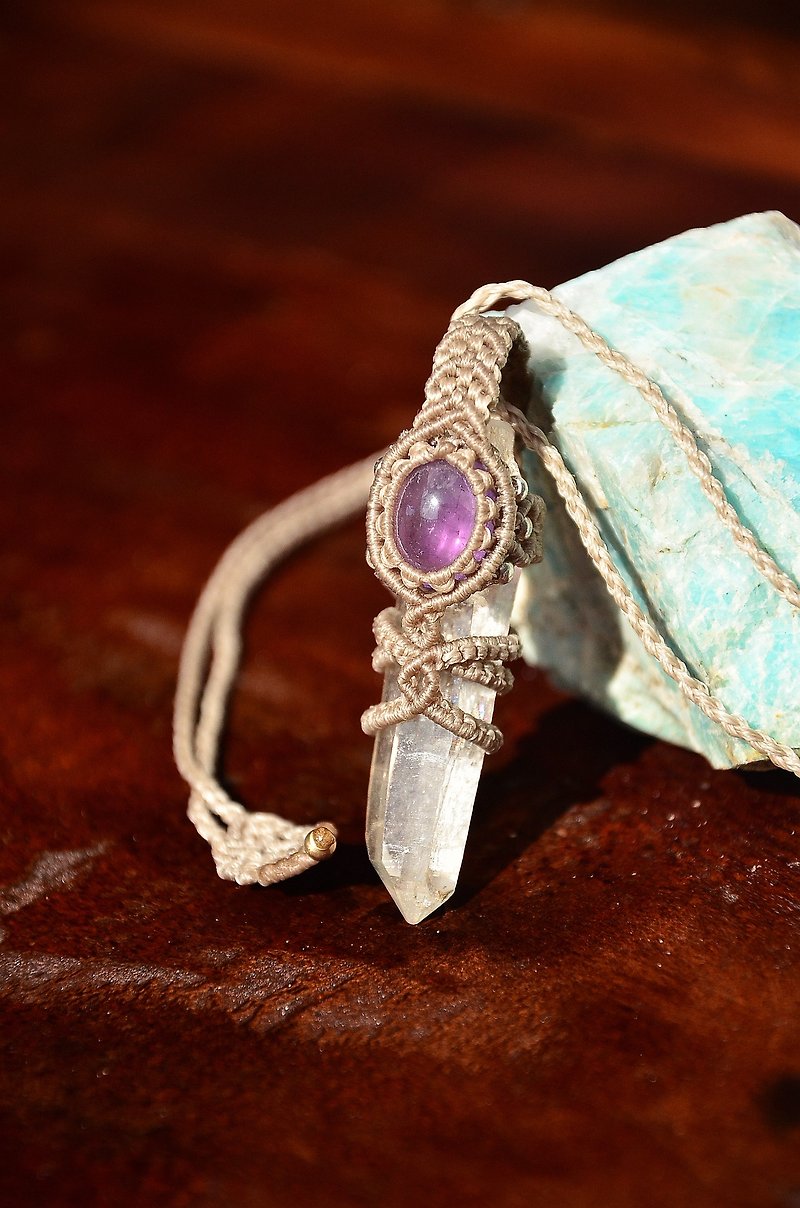 天然水晶-紫水晶-手制花邊編織項鍊 - 項鍊 - 寶石 卡其色