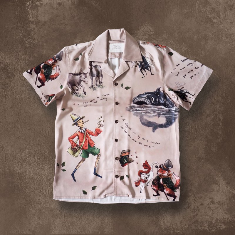 Pinocchio Bowling Shirt - เสื้อเชิ้ตผู้ชาย - ผ้าฝ้าย/ผ้าลินิน สีนำ้ตาล