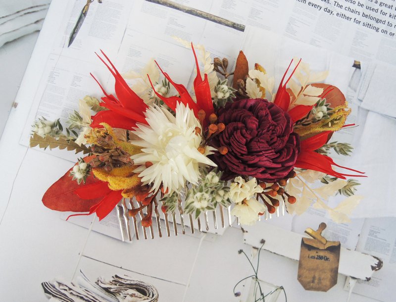 微甜‧圈 手作 紅通春日 酒紅通心草花 旱雪蓮 紅木百合 小木棉 乾燥花 不凋花 大髮插 新娘髮飾 髮飾 現貨 - 髮夾/髮圈 - 其他材質 紅色