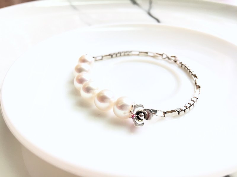 Ops Ruby pearl Dainty Gemstone lucky bracele- 紅寶石 /珍珠/細緻/手鍊/幸運/純銀/限定/ - 手鍊/手環 - 寶石 白色