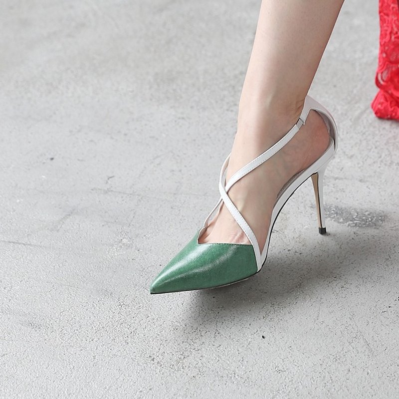 Cross the fine belt V shoes mouth fine high heels green white - High Heels - Genuine Leather Green