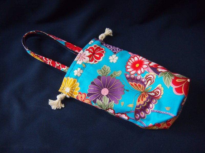 雙面束口小提袋--燙金蝴蝶X日式家紋 - 手提包/手提袋 - 棉．麻 藍色
