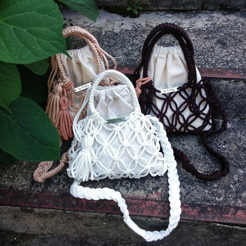 Mini String bag, Macrame bag,  Shoulder bag,  Handbag, Net Bag, Filt bag - กระเป๋าถือ - เส้นใยสังเคราะห์ 