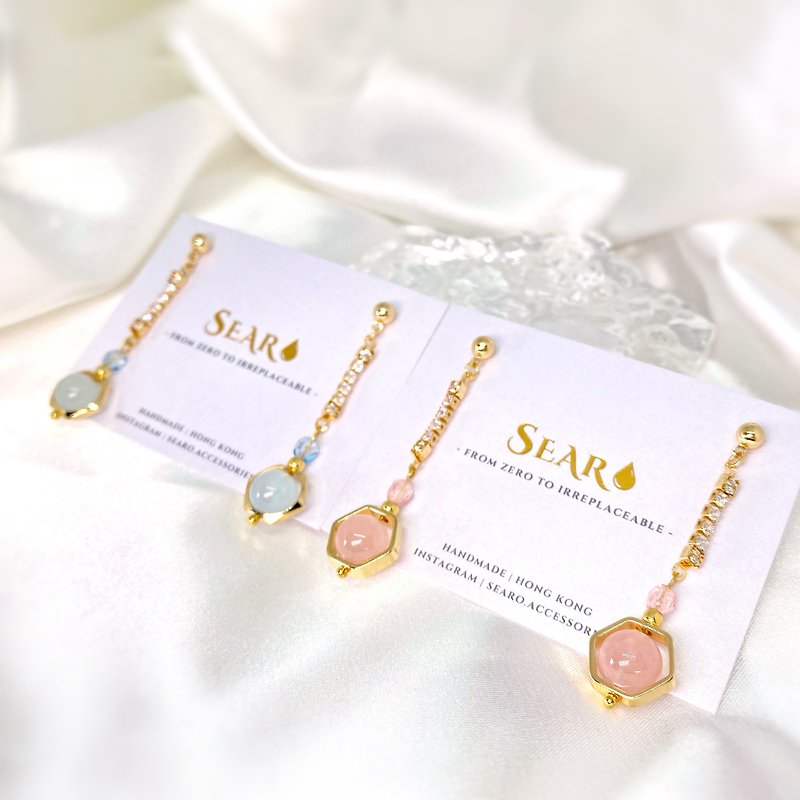 Customized natural stone powder crystal aquamarine plated 18K gold rhinestone chain earrings S925 sterling silver ear pins - Earrings & Clip-ons - Crystal Multicolor