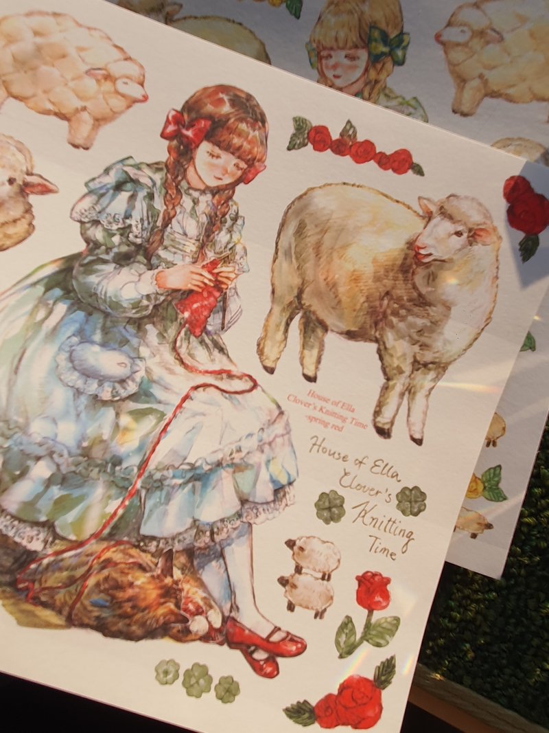 Clover's Knitting Time girl INS paper sticker collage material - 貼紙 - 紙 