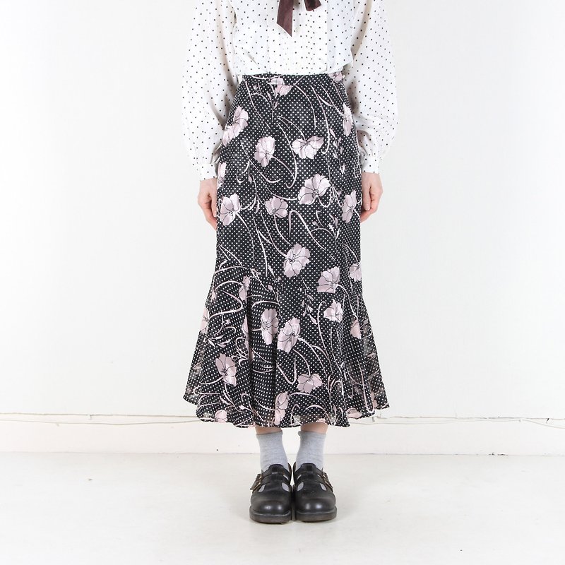 [Egg plants vintage] ink color printing fishtail ancient dress - Skirts - Polyester Black