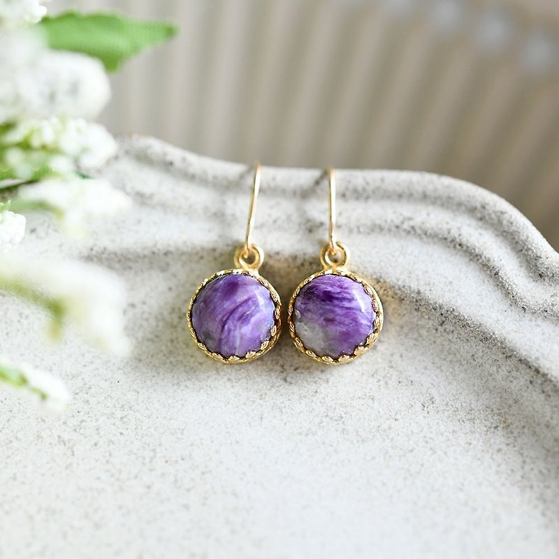 Bezel earrings or earrings made of the enchanting beauty of the Stone Charoite, Clip-On type - Earrings & Clip-ons - Gemstone Purple