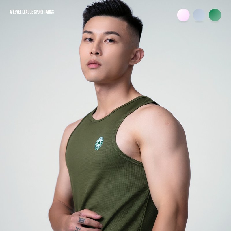 A-Level League Sport Tank Top【Military Green】│ATTENTION sleeveless, gymwear - เสื้อกั๊กผู้ชาย - ผ้าฝ้าย/ผ้าลินิน สีเขียว