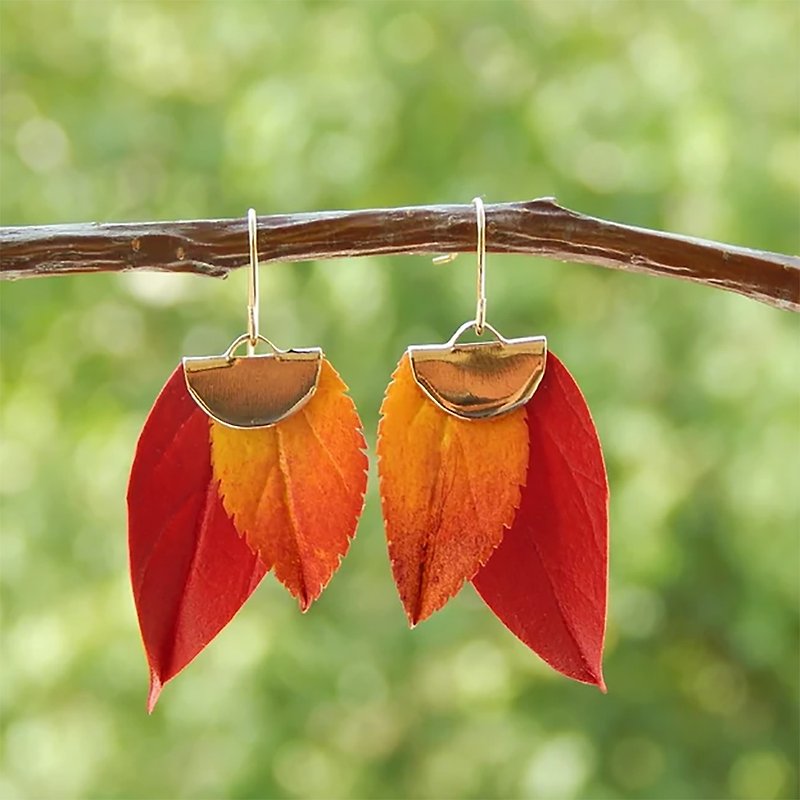 Fall leaves floral earrings Asymmetrical earrings dangle Autumn leaf earrings - Earrings & Clip-ons - Other Materials Red