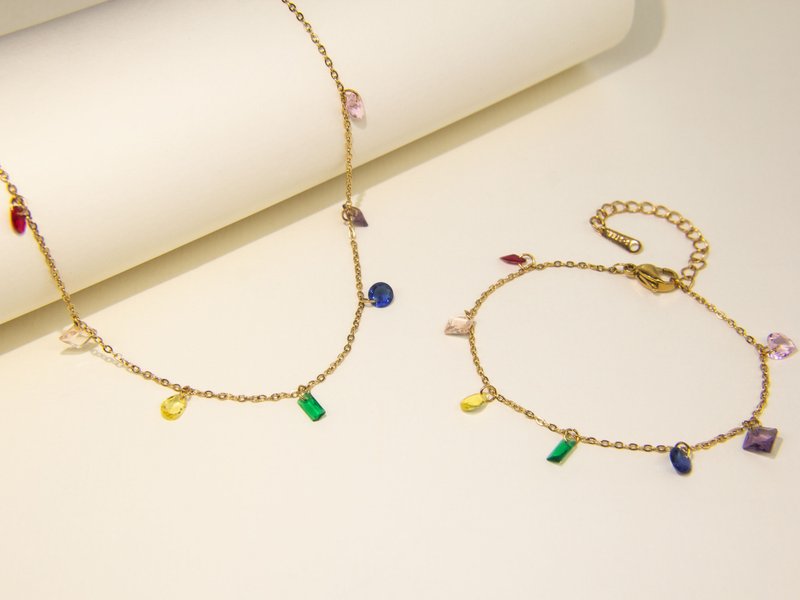 [Jewelry Set] Multicolor Stacked Gemstone Necklace & Bracelet | Simple Rainbow Gemstone Necklace & Bracelet - สร้อยคอ - โลหะ 