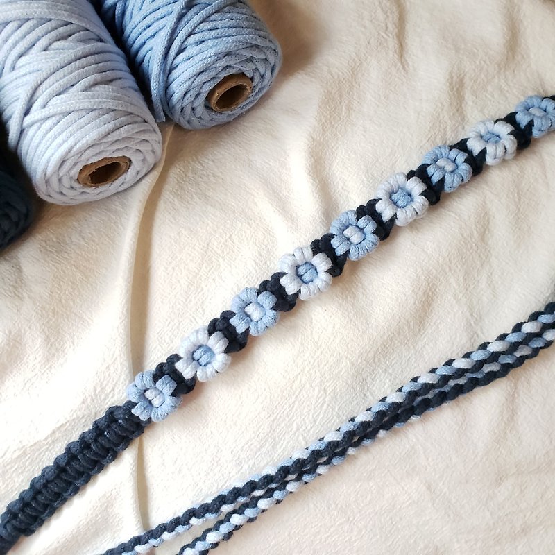 可調節法式編織小花手機掛繩 背繩 - 掛繩/吊繩 - 棉．麻 藍色