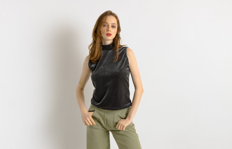 00s Preloved Used Pheder Studio Velour Velvet Vest 7513 - 背心/無袖上衣 - 其他材質 綠色