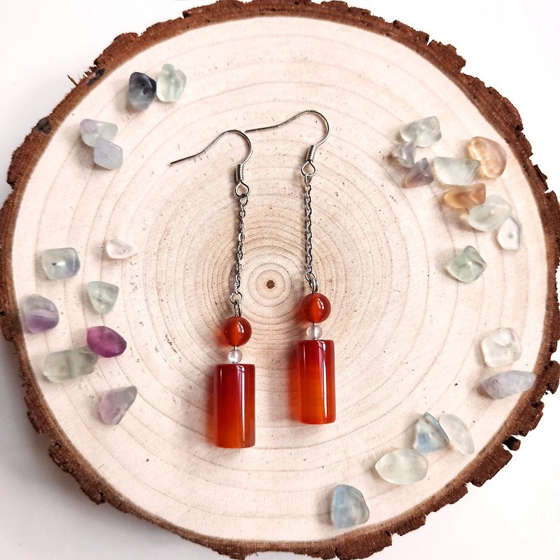 J003-Natural Stone Bead String Earrings Red Agate Moonstone Pendant Small Wine Bottle - ต่างหู - เครื่องประดับพลอย สีแดง