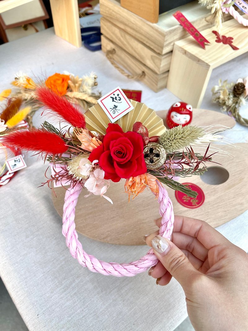 Japanese-style note and rope light pink circle 10cm New Year's note and rope New Year's wreath hanging decoration for customers - Plants & Floral Arrangement - Plants & Flowers Red