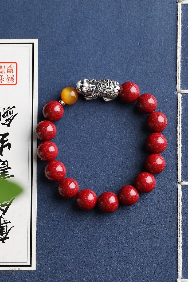 Natural raw mineral cinnabar boutique purple gold sand Pixiu bracelet beads with a diameter of about 12MM and a content of more than 95% - สร้อยข้อมือ - เครื่องเพชรพลอย 