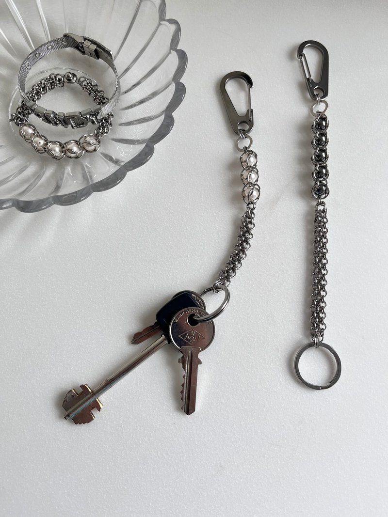 Capture Stainless Steel pearl key ring key chain (iron gray pearl) 2 length options - Keychains - Stainless Steel Silver