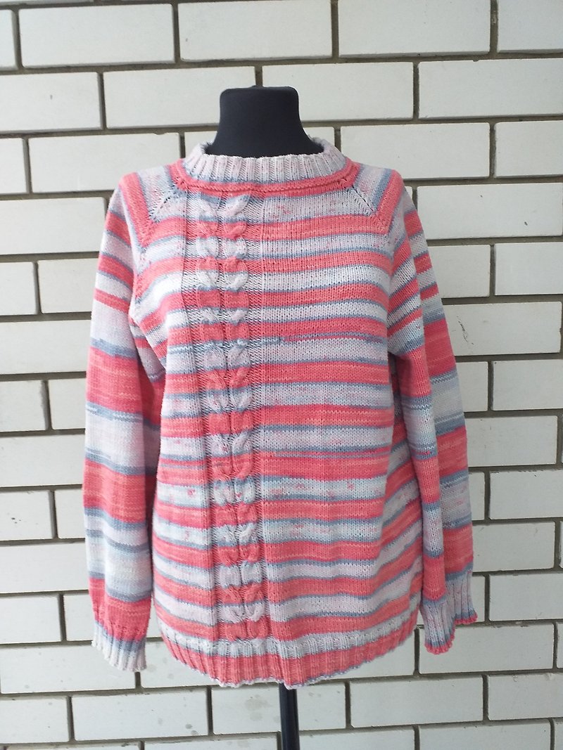 Hand Knitted Seamless Pink Striped Cotton Sweater/Cotton long sleeve top