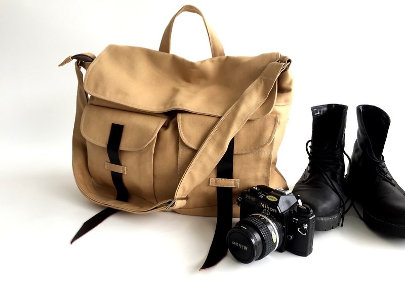 Canvas School bag,Messenger Laptop bag, travel bag-NO.104 MACKENZIE in Camel - กระเป๋าแมสเซนเจอร์ - ผ้าฝ้าย/ผ้าลินิน 