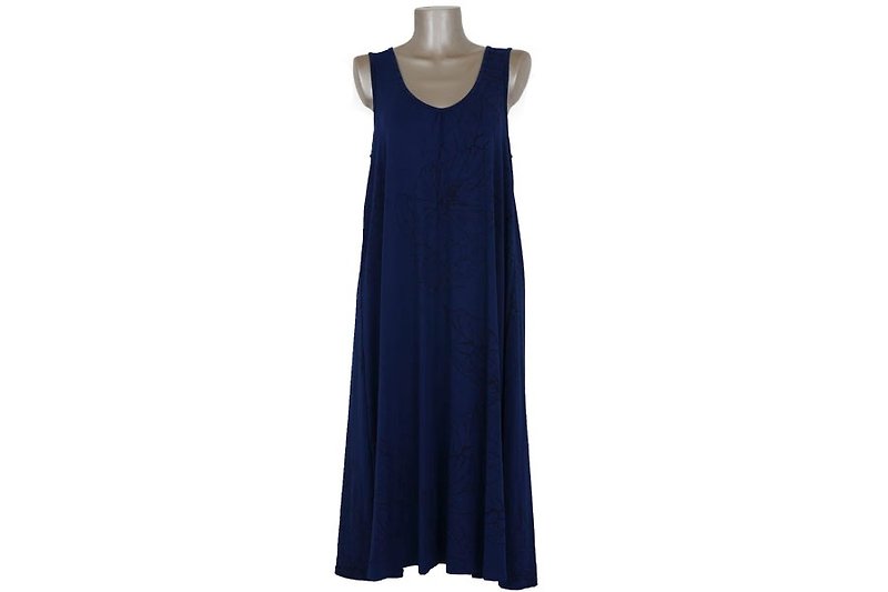 ハイビスカスプリントノースリーブワンピース　ネイビー - 洋裝/連身裙 - 其他材質 藍色