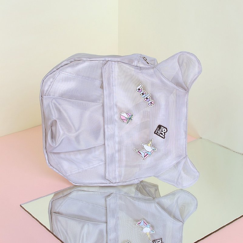 ORIBAGU Origami Silver Mesh Bear Backpack - กระเป๋าเป้สะพายหลัง - ไนลอน สีเงิน