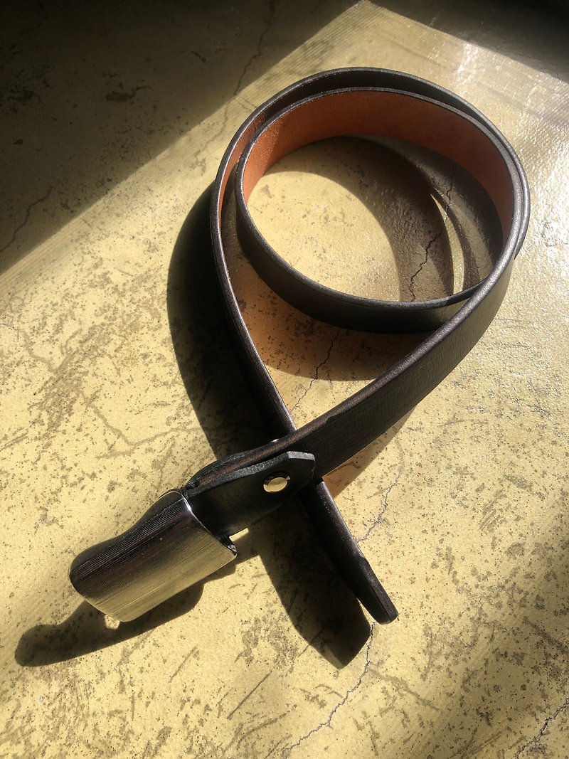 The customized ring belt 2.5cm width of the black tea vegetable-tanned leather Bronze core military lead handmade - Belts - Genuine Leather Black