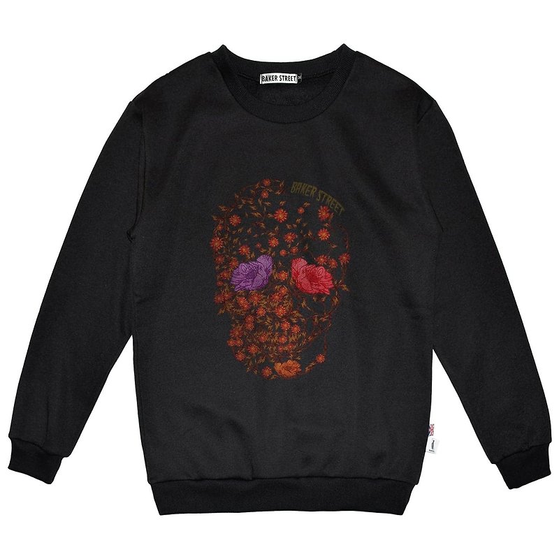 British Fashion Brand -Baker Street- Blossom Skull Printed Sweatshirt - Unisex Hoodies & T-Shirts - Cotton & Hemp Black