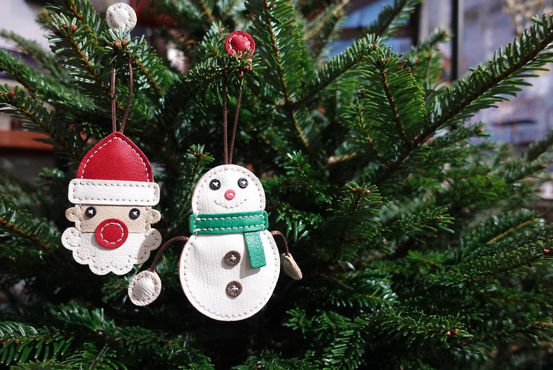 聖誕禮物 聖誕老人與賣萌雪人鑰匙扣 - 鑰匙圈/鎖匙扣 - 真皮 白色