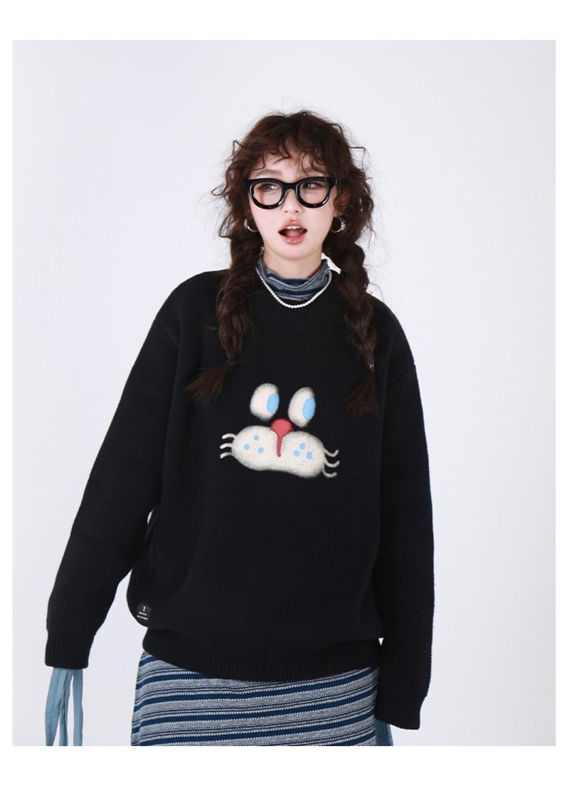 Cat Print Solid Color Sweater Women's Knitted Top - เสื้อผู้หญิง - ผ้าฝ้าย/ผ้าลินิน 