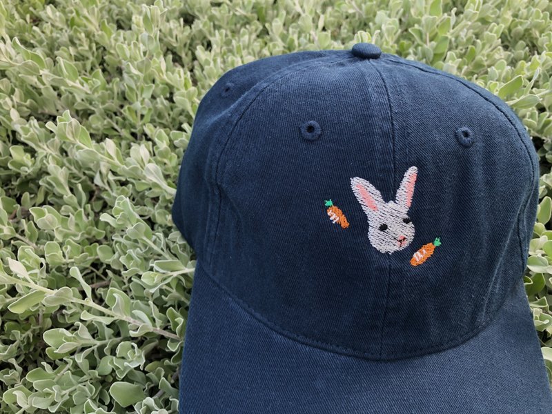 Rabbit Carrot-Embroidery cap / Dark Blue,Light Blue Denim【雙 11 限定】 - Hats & Caps - Cotton & Hemp Blue