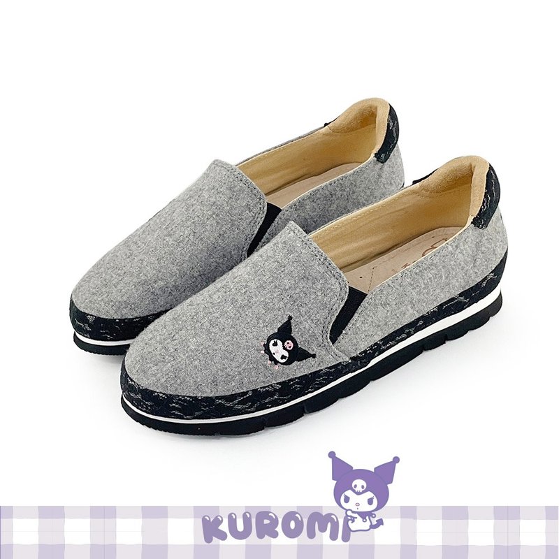 Paidal x Kuromi Coolomi lace non-bending flat casual shoes loafers loafers - gray - Women's Casual Shoes - Cotton & Hemp Gray