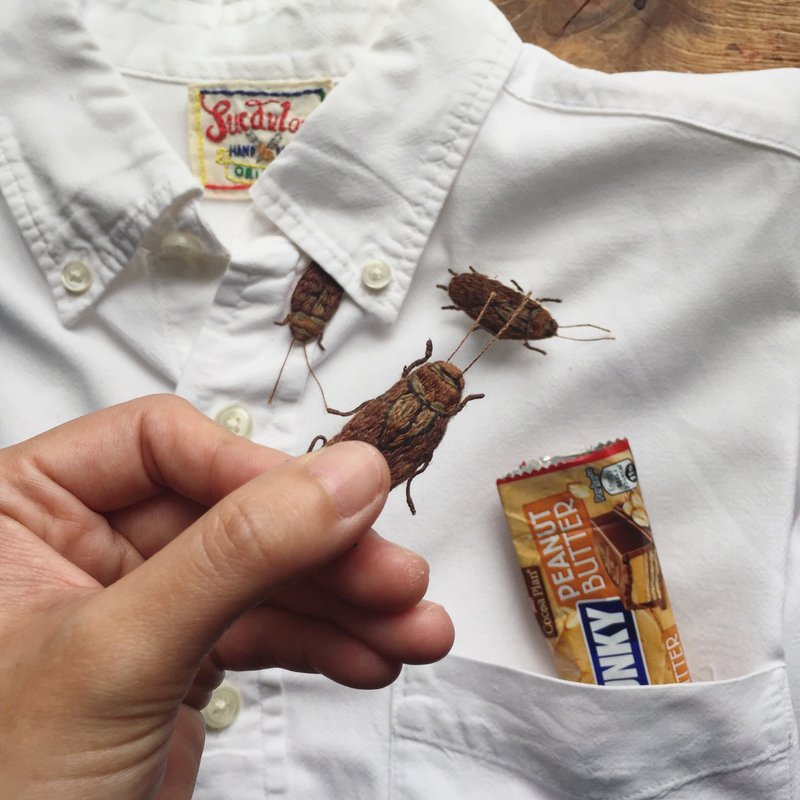 蟑螂 COCKROACH / 手工刺繡 別針 胸針 扣針 - 胸針 - 繡線 咖啡色