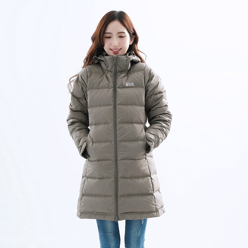 [Travel around the world] Women's long version slimming windproof and water-repellent down jacket without sewing 22036 (M-5L) - เสื้อแจ็คเก็ต - เส้นใยสังเคราะห์ สีกากี