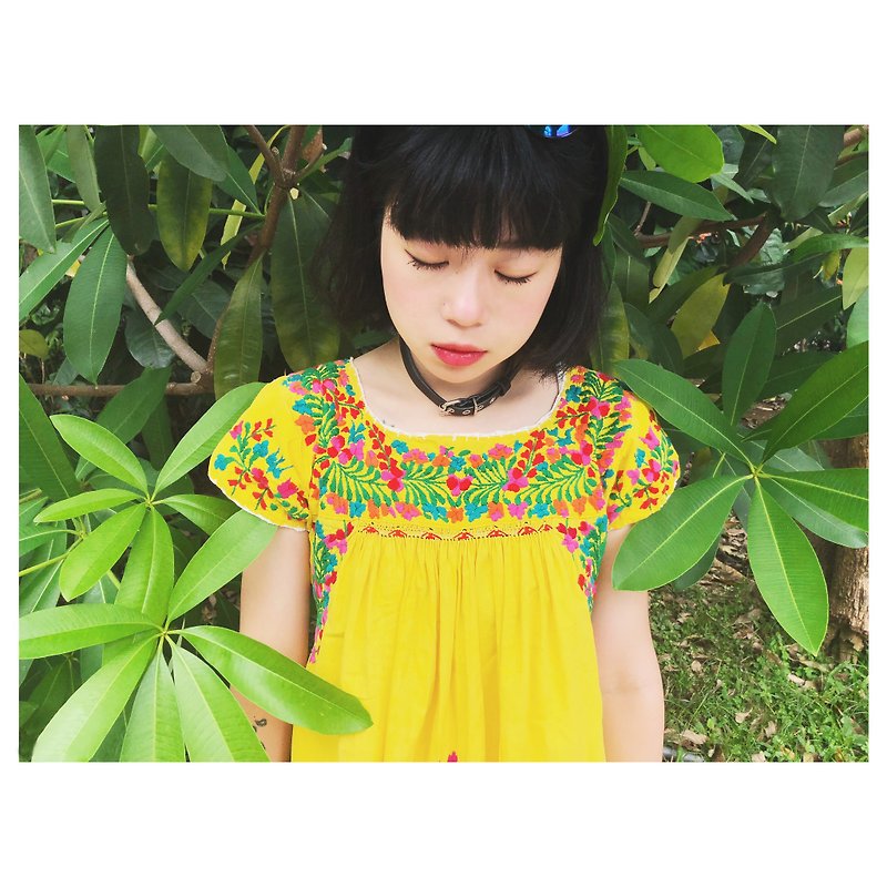 A‧PRANK :DOLLY :: VINTAGE bright yellow Mexican hand-embroidered dress (D807022) - One Piece Dresses - Cotton & Hemp Yellow