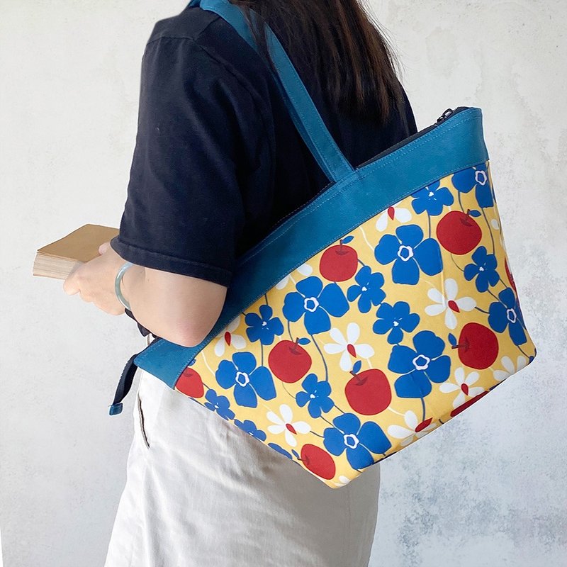 【福利品】野餐籃托特包-繽紛花漾・暖陽  手提肩背包 台灣手作 - 手提包/手提袋 - 棉．麻 黃色