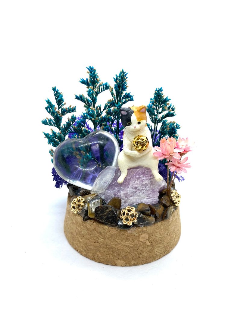 藍紫樹林。貓咪與白水晶心/紫鋰輝石-手工玻璃罩公仔/水晶/乾燥花 - 擺飾/家飾品 - 水晶 