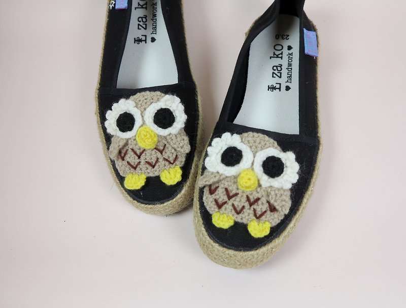 Black cotton canvas hand-made shoes forest owl models have weaving paragraph - Women's Casual Shoes - Cotton & Hemp Brown