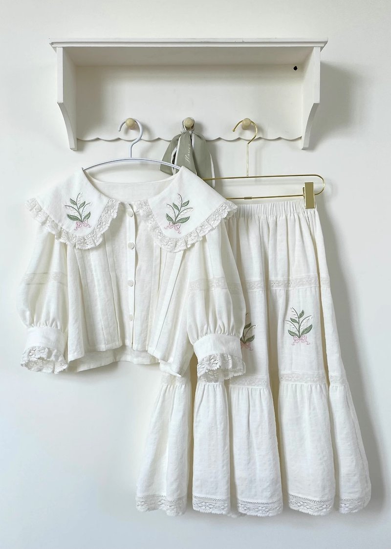 Lily of the Valley Embroidered Suit Mori Dress Mori Girl French Elegant Suit Half Skirt - Skirts - Cotton & Hemp 