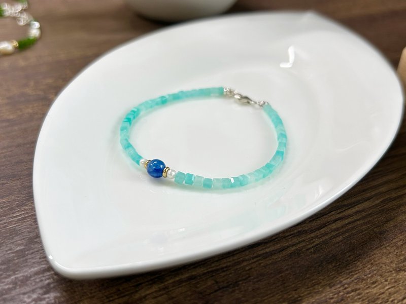 藍晶石 珍珠 天河石 925銀【方糖】擺脫負面能量 - 手鍊/手鐲 - 水晶 藍色