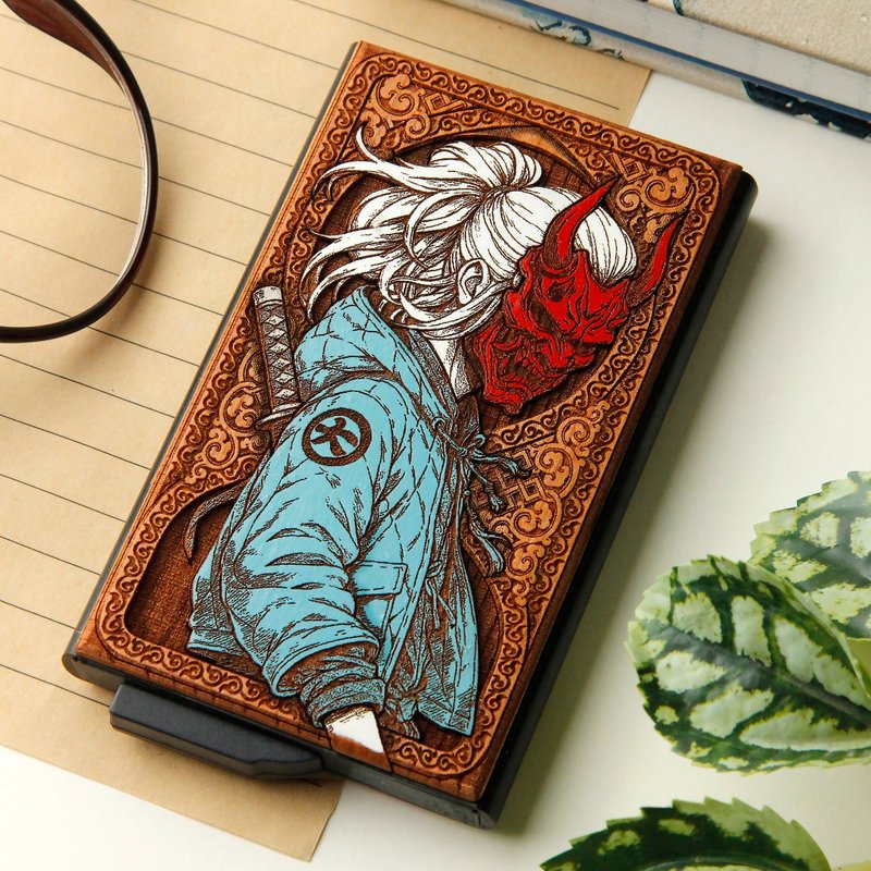 Oni Punk -  Wooden card holder with laser engraving + hand painting - 名片夾/名片盒 - 木頭 咖啡色