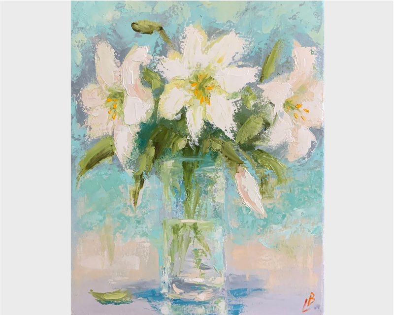 Flowers oil painting White lilies in a glass Still life with flowers Home decor - ตกแต่งผนัง - วัสดุอื่นๆ สีใส