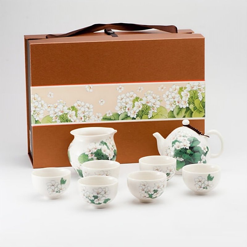 新太源-油桐花開八件茶具組 - 茶壺/茶杯/茶具 - 陶 白色