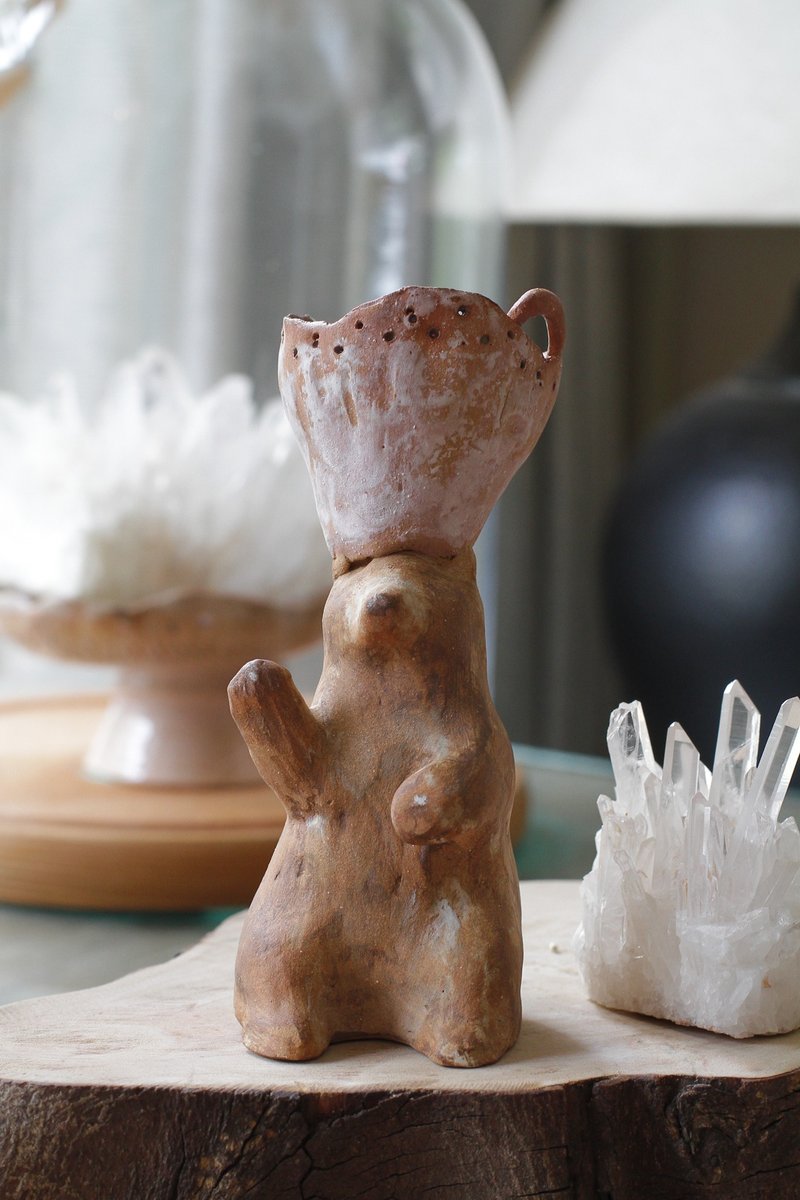 Hi hello pure hand-kneaded ceramic forest bear decoration/accessory storage - Items for Display - Pottery Brown