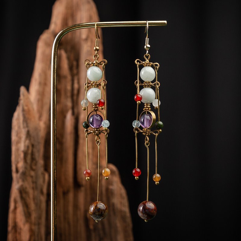[Doumu] Myanmar jade Stone Peter classical multicolor agate earrings - Earrings & Clip-ons - Jade Multicolor