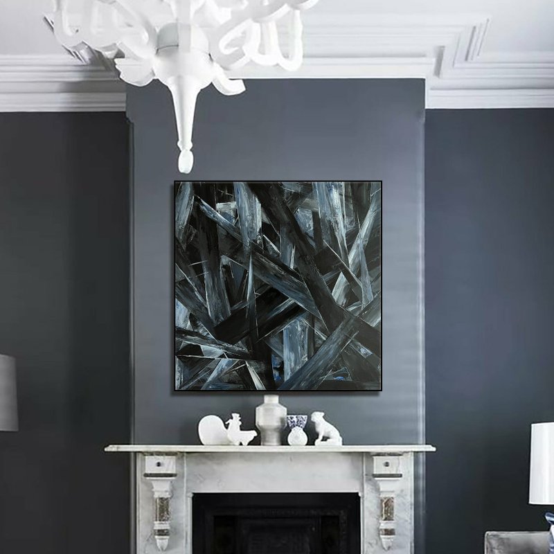 Original Black and White Oil Painting Abstract Sharp Figures Artwork for Living - 壁貼/牆壁裝飾 - 壓克力 黑色