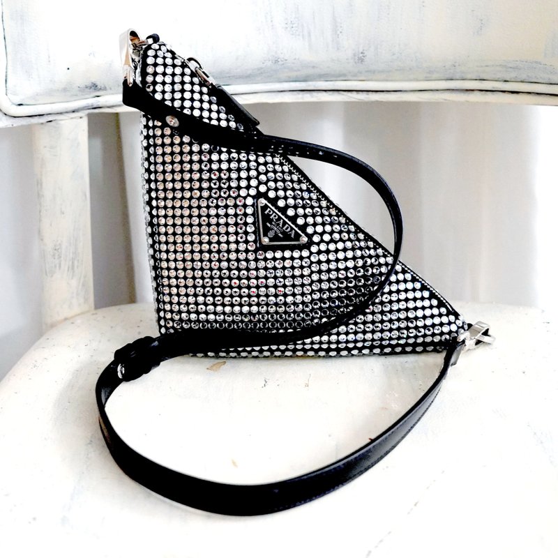 100% genuine Italian famous brand PRADA full crystal amphibole decorated triangle nylon material handbag crossbody bag - Messenger Bags & Sling Bags - Silk Black