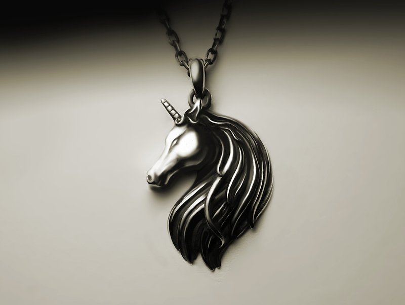 Unicorn bust necklace - สร้อยคอ - โลหะ สีเงิน